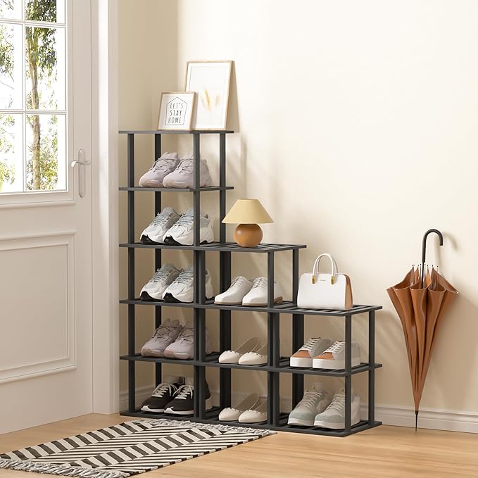 SHIISEWE Bamboo Shoe Rack for Small Spaces 6 Tier Tall Vertical Narrow Rack for Closet Stackable Shoe Holder, Black Stand for Entryway Storage Shoe Organizer