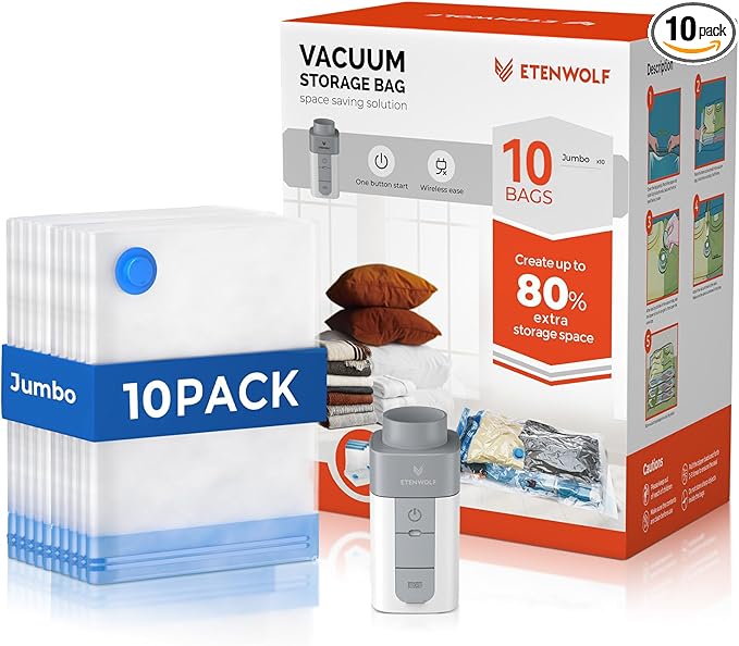 ETENWOLF 10 Pack Jumbo Vacuum Storage Bags with Rechargeable Wireless Pump, Vacuum Seal Bags for Clothes and Travel, Space Saver Compression Bags for Bedding, Blankets and Comforters(39.4 x 27.6 in)