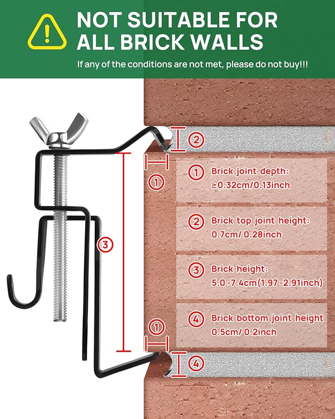 Brick Clips, Brick Hangers Hooks for Hanging Outdoors No Drill, 1.97-2.91 inches Adjustable Brick Wall Clips, Metal Brick Picture Hangers No Damage (Pack of 4, Black)