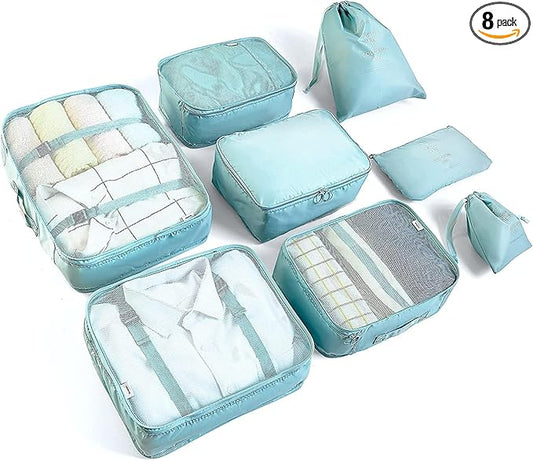 LANSKLBD 8 Set Packing Cubes for Suitcases Travel Luggage Packing Organizers,Travel Essentials Accessories Luggage Organizer with Shoe Bag Tioletry/Laundry Bag (light blue)