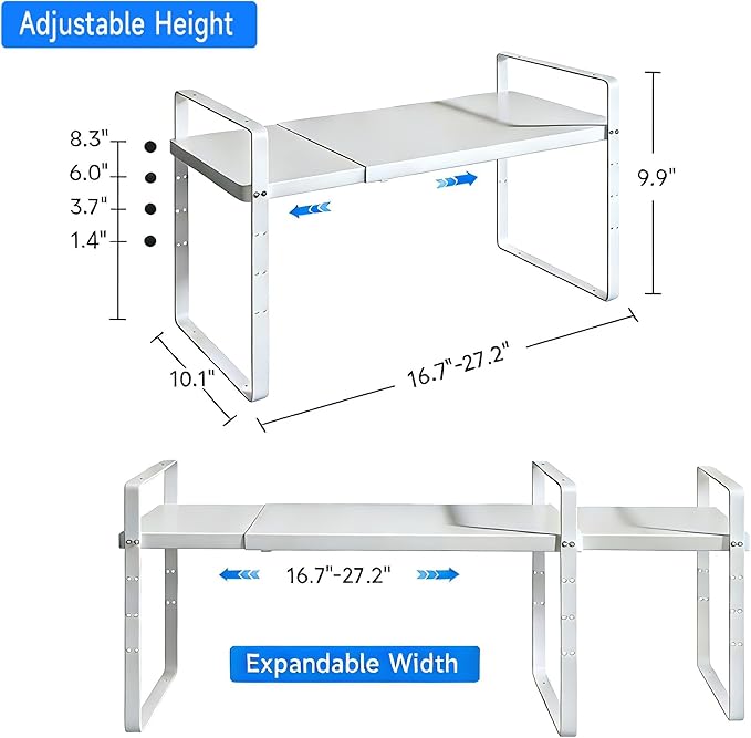 KIKIBRO Expandable Cabinet Shelf Organizer, Stackable Kitchen Pantry Counter Storage, Adjustable Closet Cupboard Stand Rack Risers, Spice Organization, 80LBS Heavy Duty, White, Large, 2 Pack