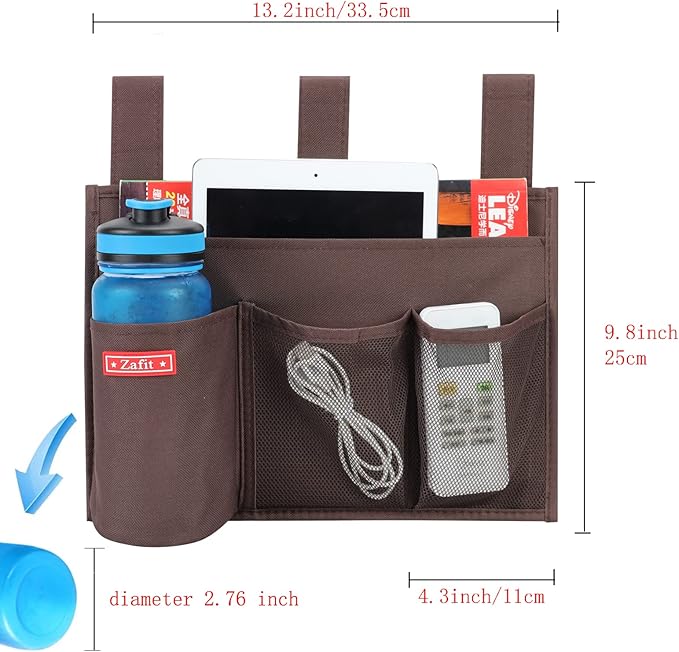 Hanging Bedside Caddy, Bedside Storage Organizer for Magazine, Phone, Remote control (4 Pockets-Coffee)