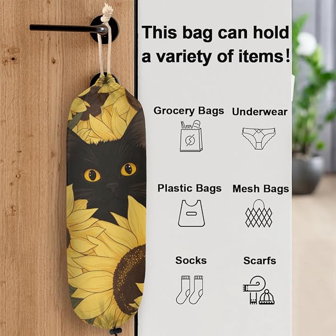 Sabokido Animal Cat Plastic Bag Holder Yellow Sunflower Grocery Bag Storage Dispenser Washable Hanging Shopping Bags Carrier Reusable Wall Mount Trash Bag Organizer for Kitchen Pantry