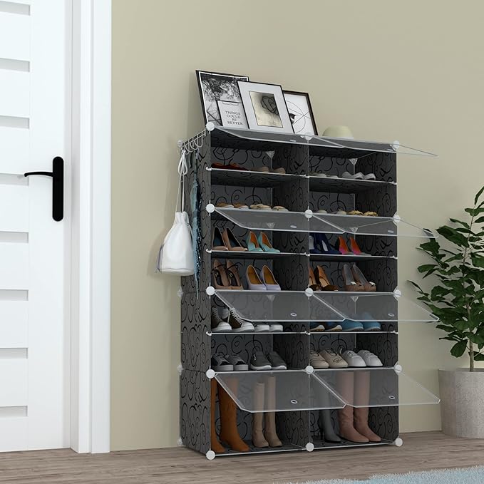 HOMICKER Shoe Rack Organizer, 32 Pair Shoe Storage Cabinet with Door, Expandable Plastic Shoe Shelves for Closet, Heels, Boots, Slippers, 8 Tier