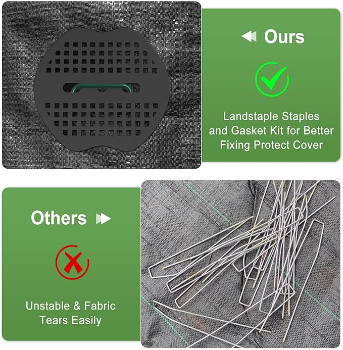 FOTMISHU Landscape Staples 6Inch 100pcs Garden Stakes + 100pcs Gasket, Lawn Pins with Spray Coating Craft,11Gauge Anti-Rust Ground Yard Spikes Anchoring for Outdoor Tents Irrigation Hoses (Green)