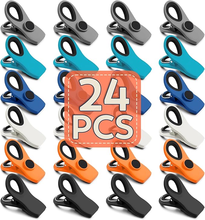 FINDMAG 24 Pack Chip Clips with Magnets – Multicolor Plastic Bag Clips for Food Storage, Edge Clamp, Snack Bags, and Refrigerator Organization (Classic Essentials)