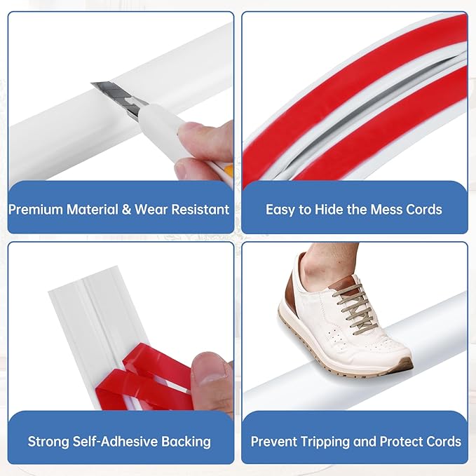 Floor Cord Cover Self Adhesive Cord Hider Floor Extension Cord Covers for Floor Power Cord Protector Cable Management Prevent Cable Trips Cable Cavity 0.47" W x 0.27" H (White, 20Ft)