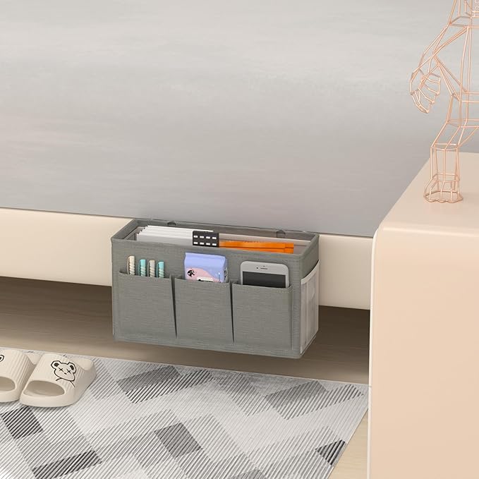 Dual-purpose Bedside Caddy Bedside Organizer, Bed Caddy with 6 Pockets, Versatile Bedside Storage Solution Magazine Remotes holder, ideal for Home, Dorm, Hospital, Crib Bed (Grey 2pcs)