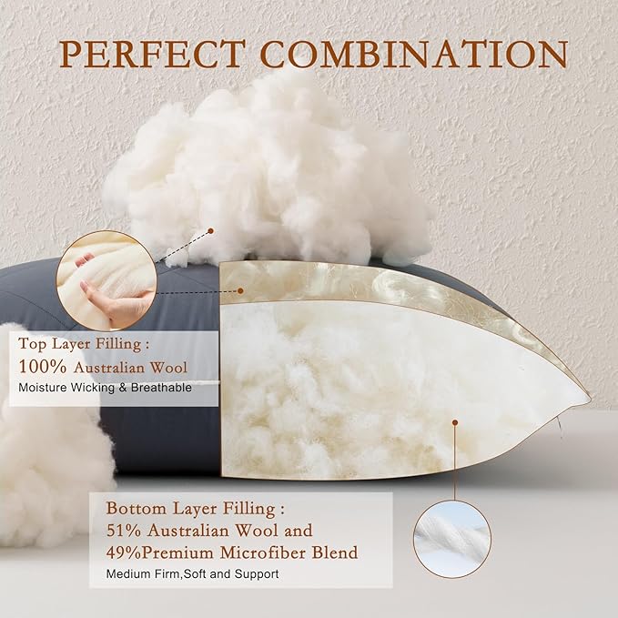 YOUR MOON Organic Wool Pillow Queen Size Set of 2, Soft Support Bed Pillows for Sleeping, Luxury Down Alternative Pillow for Side & Back Sleepers, 100% Cotton Cover, Natural Wool Filling (Gray)