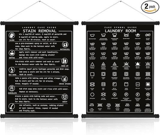 Gersoniel 2 Pieces Laundry Room Decor Symbols Wall Art Hanging Symbols Guide Wall Decor Stain Removal Theme Sign Laundry Care Room Art Ready to Hang Sign, 11.8 x 15.7 Inches(Black)