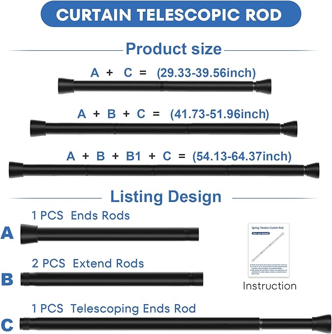 4Pack Tension Curtain Rod 30 to 64 Inch Black Adjustable Curtain Rods No Drilling Expandable Pressure Spring Tension Curtain Rod Curtain Rods For Windows Closet Doorway