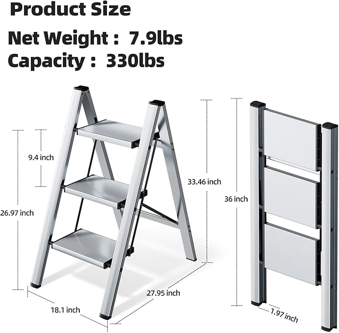 HillhutApex 3 Step Ladder, Lightweight Portable 3 Step Stool with Anti-Slip Wide Pedal,330lbs Capacity Aluminum Ladder for Household,Office,Library(Silver)