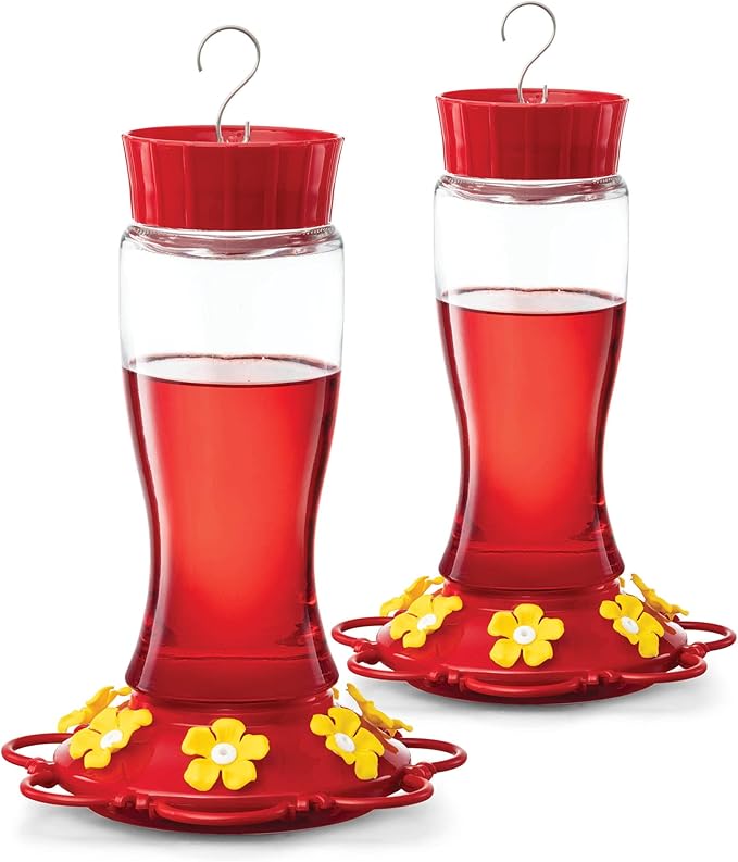 Hummingbird Feeder 30 oz [Set of 2] Glass Hummingbird Feeders for Outdoors - with Built-in Ant Guard - Circular Perch with 7 Feeding Ports - Wide Mouth for Easy Filling/2 Part Base for Easy Cleaning
