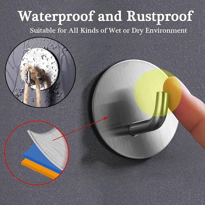 8 Pack Silver Adhesive Wall Hooks, Towel Hooks for Bathrooms, Sticky Hooks for Hanging, Stick-on Wall Mount for Bathroom Kitchen Bedroom No Drill