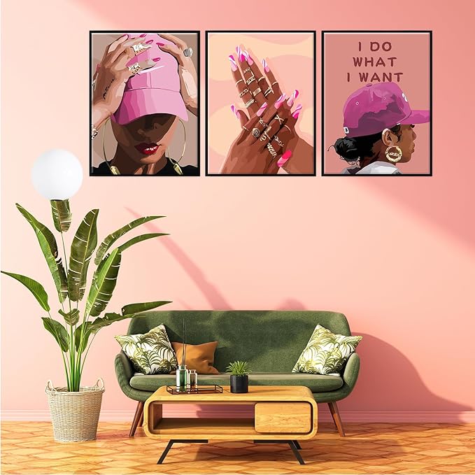 Unframed Black Girl Canvas Wall Art pink trend American Black Woman Posters Prints Wall Decor Pictures for Home Living Room Bedroom study Decoration,Unframed16 x 24inches X3piec