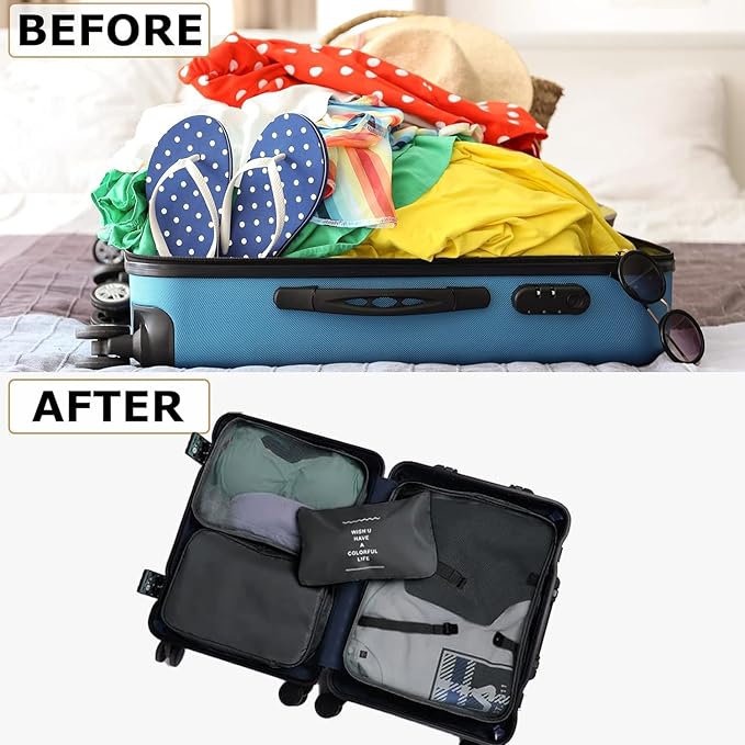 LANSKLBD 6 Set Packing Cubes for Travel, Luggage Organizers with Shoe & Toiletry Bags, Lightweight Suitcase Organizer for Carry-On, Washable Laundry Bags (Black)