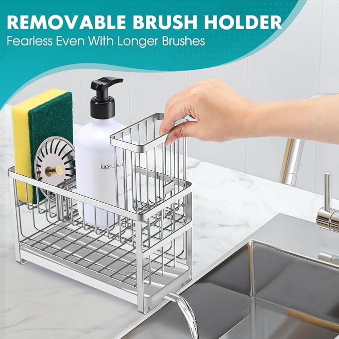 Sinnsally Kitchen Sponge Holder, 2-Tier Sink Caddy Organizer with Tall Brush Holder, Stainless Steel Sink Box Dish Scrubber Holder, Soap Tray for Kitchen Counter Accessories & Storage Rack (Silver)