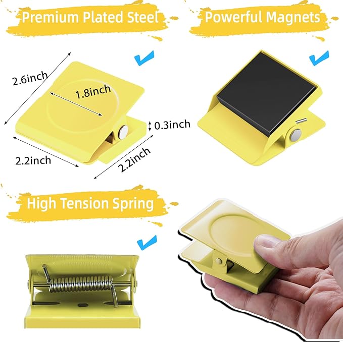 Grtard Strong Magnetic Clips, 2.2 Inch Extra Large Magnetic Clips Heavy Duty, 6Pack Magnet Clip for Fridge, Clip Magnets for Refrigerator, Whiteboard, Classroom, Kitchen, Office Organizer (Yellow)