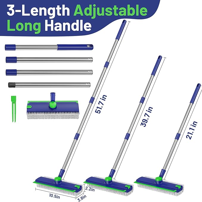 EHADOO Floor Scrub Brush with Long Handle: 3 in 1 Heavy-Duty Floor Scrubber Brush with Squeegee for Cleaning Tile Bathroom Deck Kitchen Patio