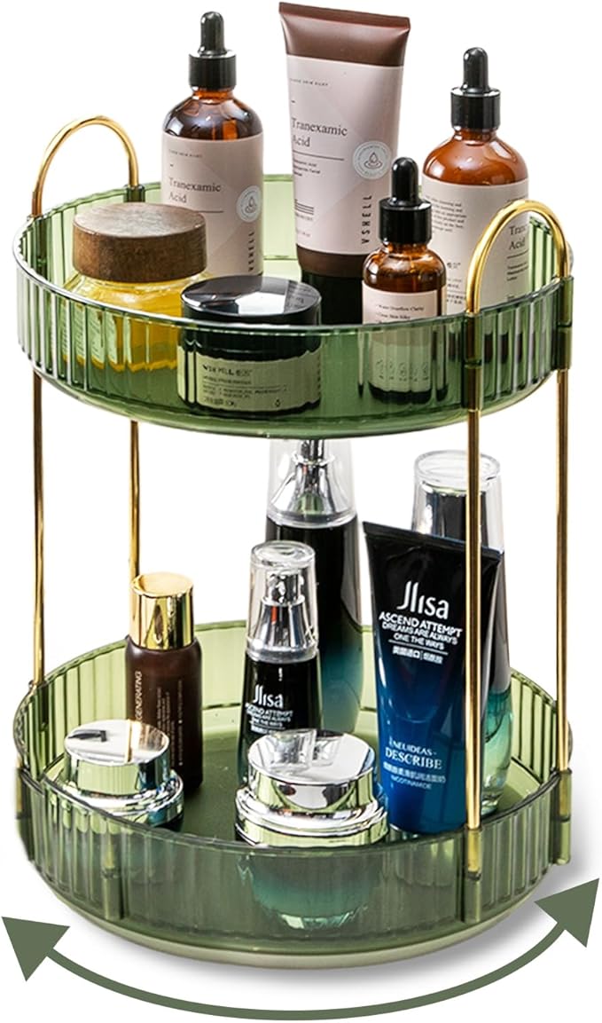 360 Rotating Makeup Organizer for Vanity, 2 Tier Large Capacity Skincare Organizers, Bathroom Counter Organizer, Spinning Perfume Organizer & Vanity Organizer (Green-2 Tier)