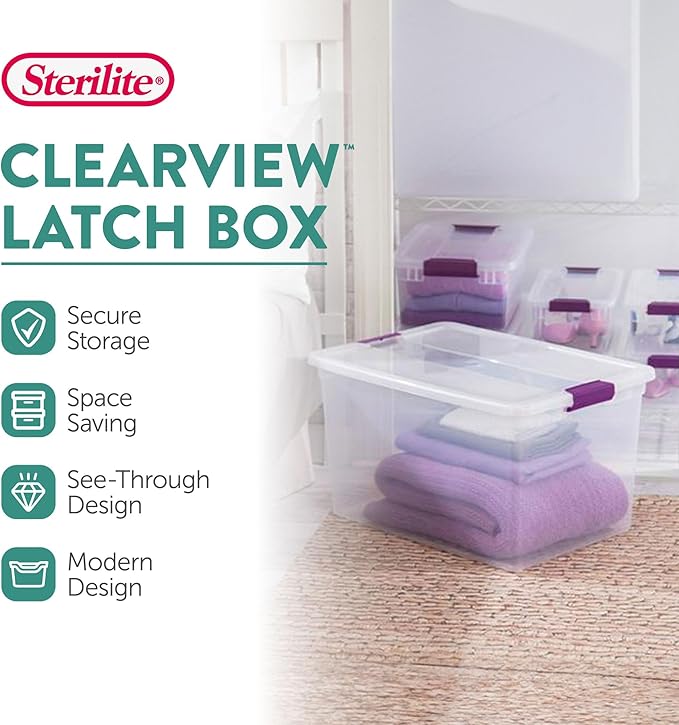 Sterilite 6-Pack Plastic Storage Bin with Latch Lid, ClearView Stackable Containers, 66 Qt