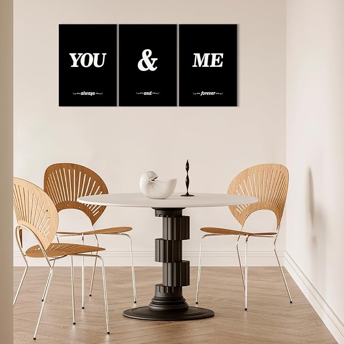 KAWAHONE 3 Pieces Black White You and Me Word Canvas Poster,Modern Lover Style Wall Art for Living Room Bedroom Home Decor
