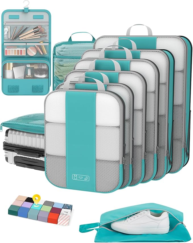 10 Set Compression Packing Cubes for Travel Essentials, Compressible Expandable Packing Cubes for Suitcase, OlarHike Luggage Organizer Bags for Travel, Handy Helper for Organizing Clothes (Blue Green)