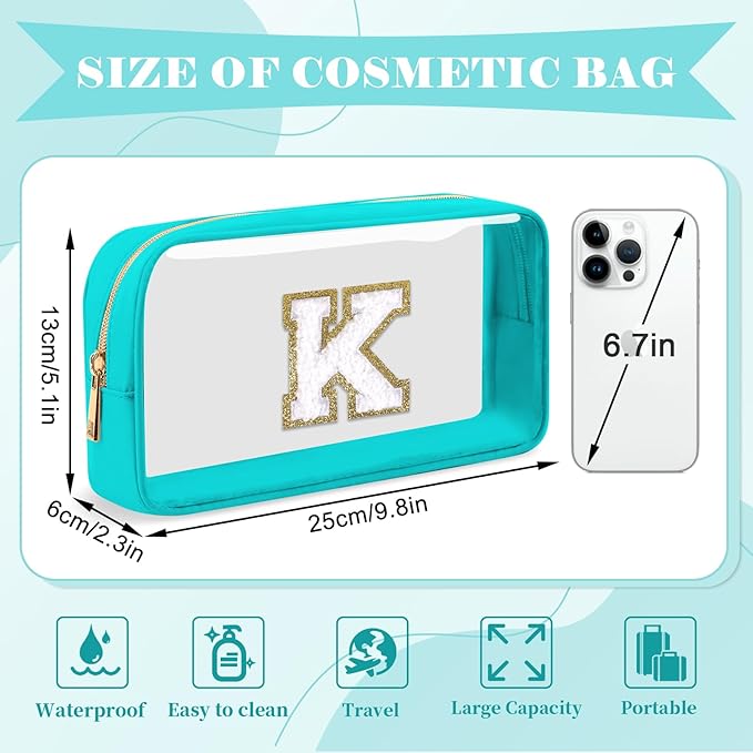 Personalized Initial Letter Clear Makeup Bag,Preppy Small Nylon&PVC Cosmetic Zipper Bag with Chenille Letter,Portable Beach Travel Skincare Toiletry Bag,Trendy Monogram Gift for Teen Girls Women,K