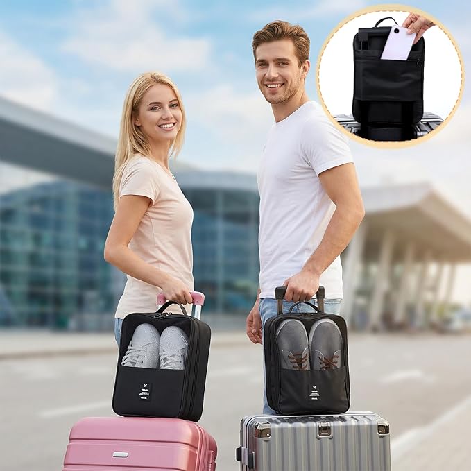 2 PCS Shoe Travel Bag, Shoes Bag Portable Shoe Packing Cubes 2 Layers Holds 3 Pair of Shoes Visual Waterproof Travel Luggage with Trolley Sleeve and Zipper for Business Trip Storage-Black