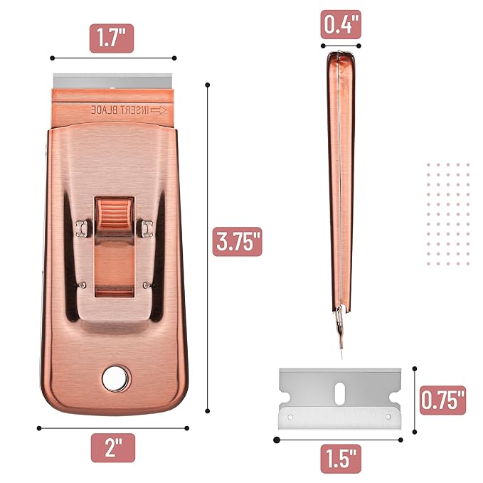 Bates- Metal Razor Blade Scraper Tool, 2 Pack, 30 Extra Blades, Rose Gold, Heavy-Duty Cleaning Razor Scraper Tool