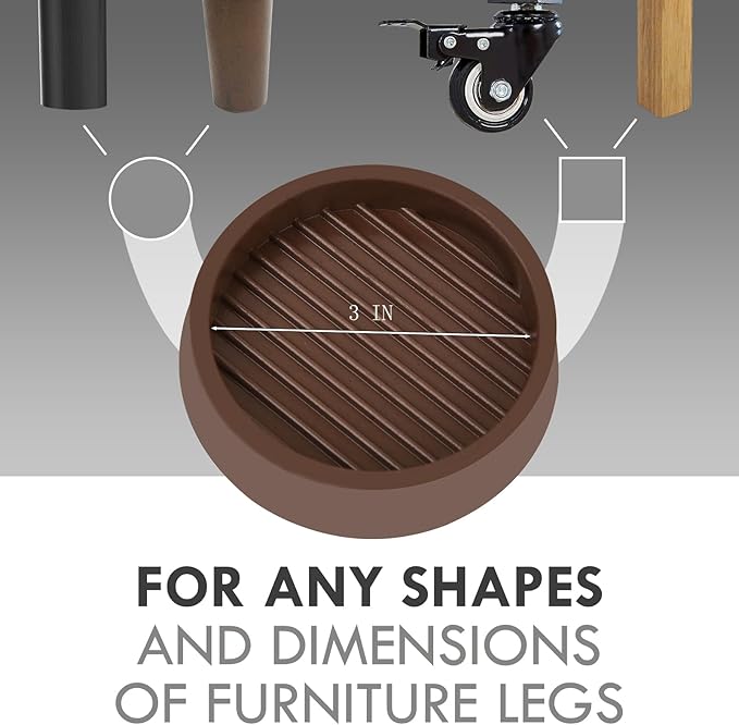VOCOMO 3X3 Round Rubber Caster Cups, Non Slip Furniture Pads, Anti-Slip Gripper, Anti Skid Furniture Feet, Anti Slide Floor Protector for Bed Couch Table Chair Stoppers - Brown, 8 Pack
