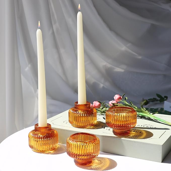 Woho Candlestick Holders Set of 4, Amber Votive Candle Holders for Fall Wedding Table Centerpiece, Ribbed Glass Taper Candle Holders for Dinner Party Halloween Thanksgiving Decor