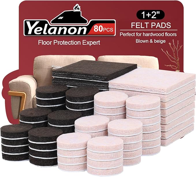 Yelanon Felt Furniture Pads for Hardwood Floors - 80 Pcs Premium Felt Pads for Chair Legs, Floor Protectors for Furniture, Brown & Beige