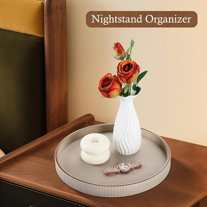 GORESE Round Decorative Tray for Coffee Table Decor, 12" PU Leather Serving tray Table Centerpiece Home Decor, Desk Valet Tray for Trinket Jewelry Perfume Key, Ottoman Tray Nightstand Organizer, Biege