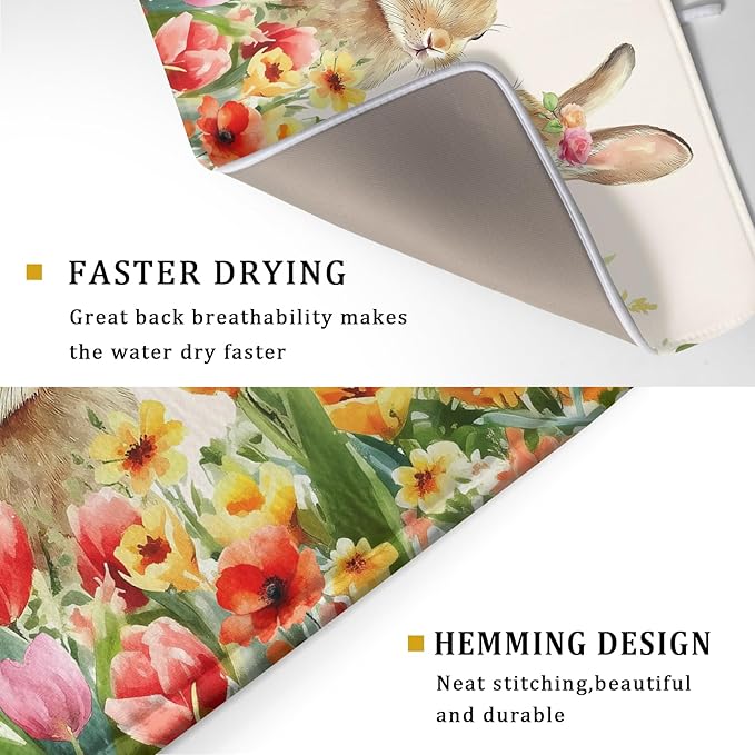Easter Bunny Dish Drying Mat 18x24 inch Spring Floral Drying Pad Holiday Absorbent Microfiber Dishes Drainer Protector for Kitchen Counter
