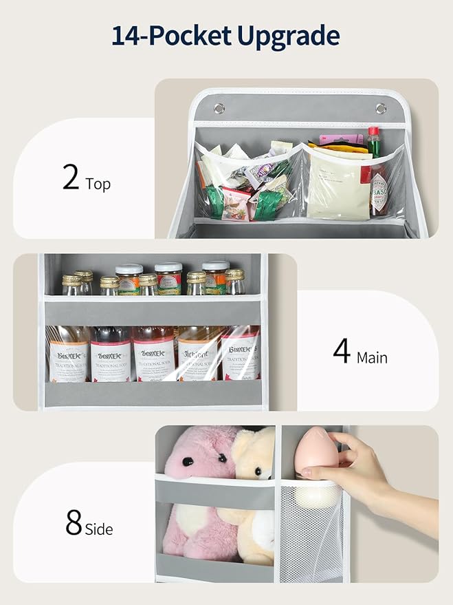 Yecaye 5 Tier 1Pc Over the Door Organizer, Stuffed Animal Storage with Clear PVC Windows, Door Organizer Hanging for Bedroom Nursery Closet Dorm Room Laundry Pantry Bathroom, Gray