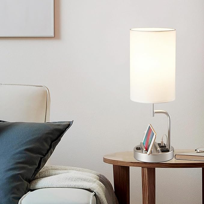 Dreamholder Table Lamp with 3 USB Charging Ports, Modern Desk Lamp with AC Outlet and Phone Stands, Perfect Bedside Lamp for Bedroom, Living Room, Office (Pack of 2), Silver