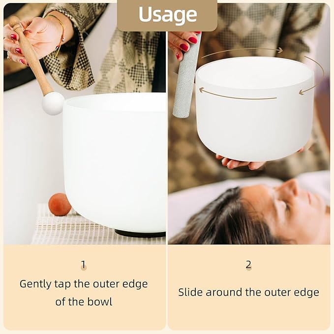 10 inch White E Note Solar Plexus Quartz Crystal Singing Bowl, for Healing Mindfulness Meditation Yoga Sound Baths, with Rubber Mallet O-ring