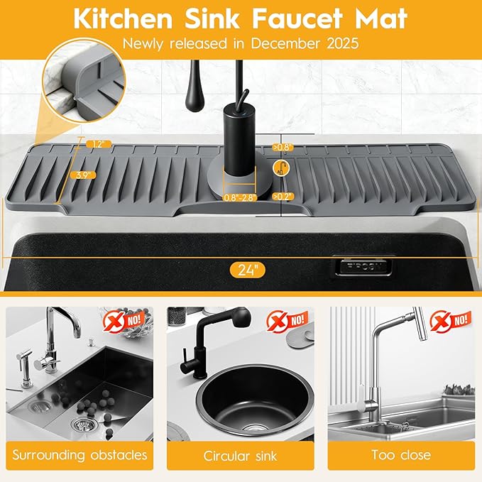 24" Silicone Faucet Mat for Kitchen Sink Released in 2025/12TH,8° Slope Fast Self-draining, Bathroom Kitchen Sink Area Water Splash Guard Behind Faucet Draining Dark Grey