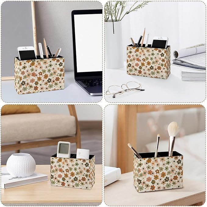 Famame Small Flowers Pattern Vintage Pencil Holder for Desk, Leather Desktop Container Pen Cup Storage Study Table Pen Organizer Makeup Brush Holder for Classroom Office Home