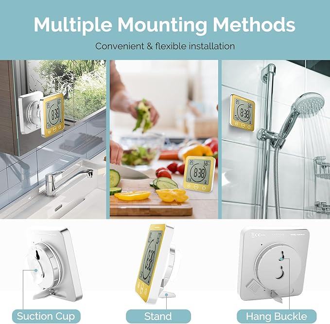 KADAMS Shower Clock Waterproof Bathroom Timer – Digital Wall Clock with Countdown, Magnetic Kitchen Clock with Temperature & Humidity, Suction Cup for Kids Shower Spa Sauna Cook Bath (Yellow)