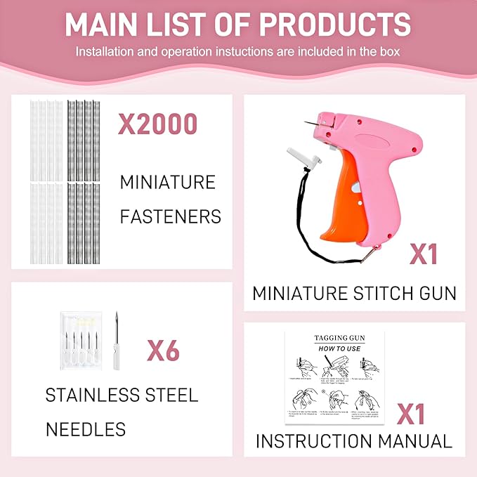 Stitch Gun for Clothes， Handheld Stitch Gun Quick Clothing Fixer，Sewing Kit Includes 1,000 Black Fasteners & 1,000 White Fasteners & 6 Needles (Pink-orange)