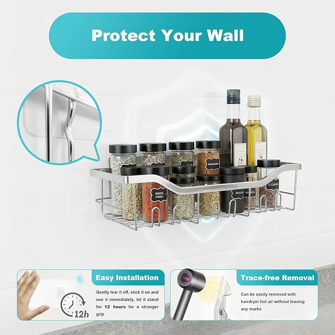 Shower Caddy with Hooks, Shower Shelf - 304 Stainless Steel Shower Rack, Anticorrosive, Rust-proof, Waterproof Bathroom Shelves Storage and Organization - White Silver Shower Shelves