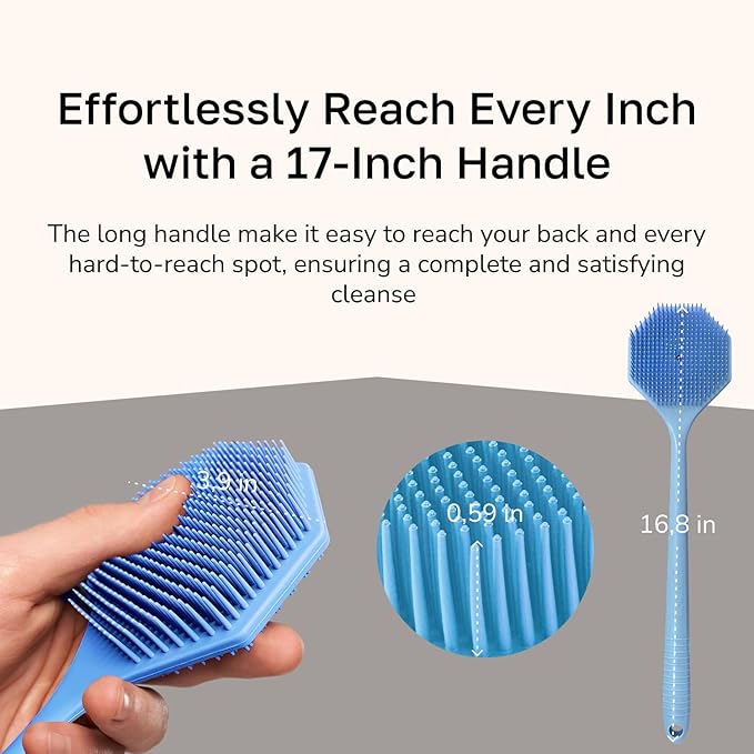 Silicone Back Scrubber with Long Handle - Octagon Body Brush for Shower, Bath, and Exfoliating - Skin Cleansing, Back Scrub and Gentle Silicone Sponge - Wash Your Body with Easy Reach - Blue