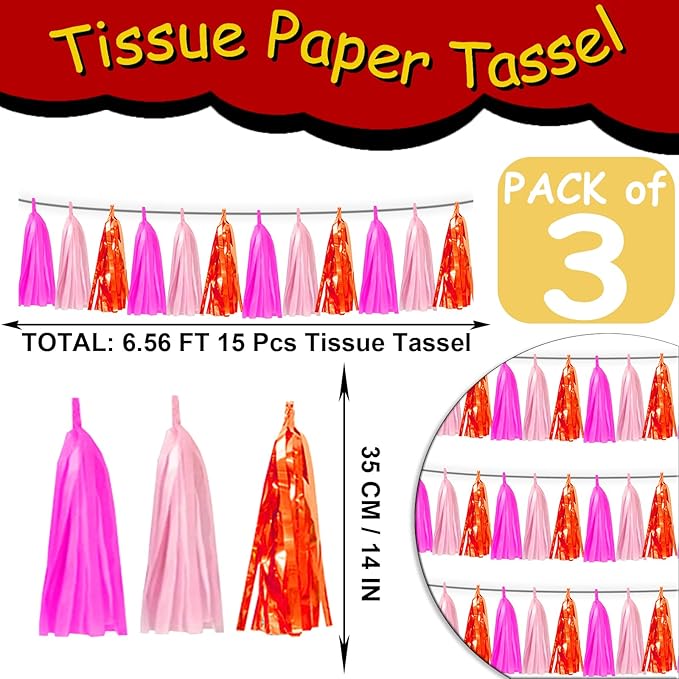 3P Hot Pink Orange LightPink Metallic Fringe Banner Garland Foil Tinsel Streamer Backdrop Banners for Parties, Wall Hanging Curtain Parade Floats, Graduation Decorations, Wedding Party Decoration