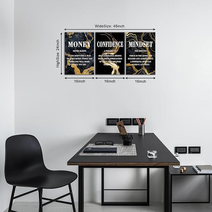 KAWAHONE- Money Never Sleeps, Motivational Canvas Wall Art,Inspirational Poster, Confidence Mindset Wall Decor Framed Inspirational Entrepreneurs Painting Prints Quotes Poster for Office Workplace Ready to Hang