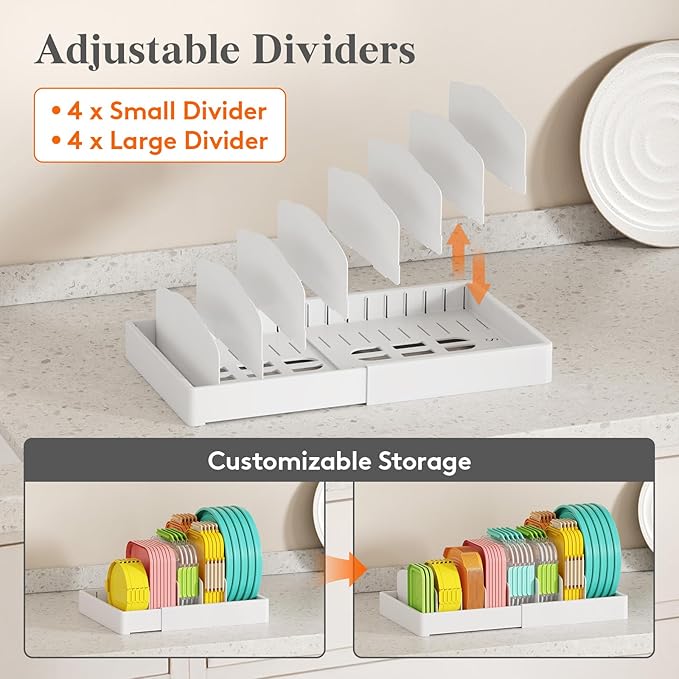 Lifewit Kitchen Cabinet Organizer for Food Container Lids, Large 9.8-17" Expandable Lids Holder with 8 Adjustable Dividers & 9 Sections for Pantry Organizers and Storage, Home Drawer Organization