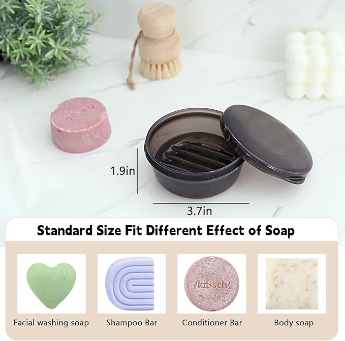 Travel Soap Case, Travel Soap Container with Drain Tray, Shampoo Bar Case with Lid for Shower, Traveling, Camping (Clear Black)