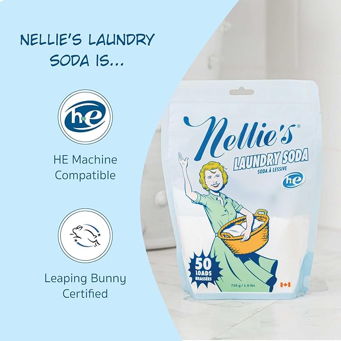 Nellie's Laundry Soda - Concentrated Laundry Detergent Powder - 50 Load Pouch - Gentle on Skin and Environment - Fragrance-Free - Made in Canada