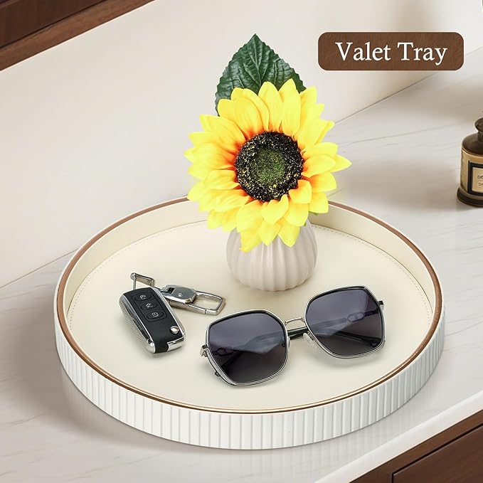 GORESE Round Decorative Serving Tray for Coffee Table Decor, 12" PU Leather Table Centerpiece Home Decor, Valet Tray for Trinket Jewelry Perfume Key, Ottoman Tray Nightstand Organizer, Cream White